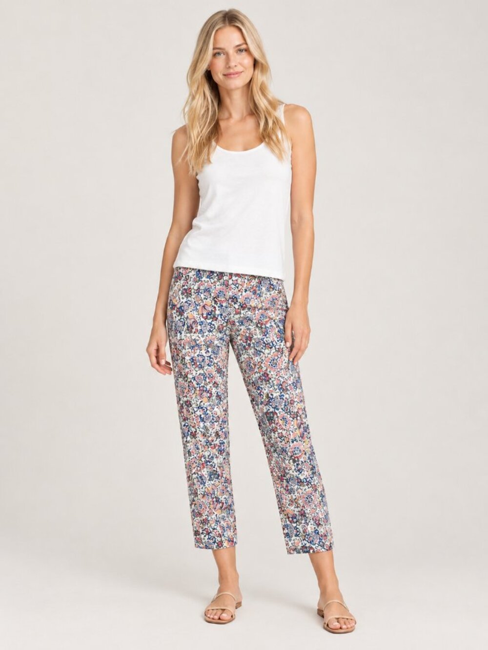 2/$30 Chico's Floral Print Mid Rise Pullon Ankle Trouser Pink Multi 14 #A5159